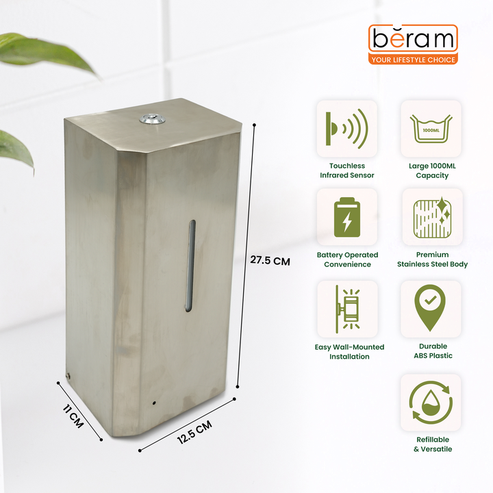 Beram 1000ML Automatic Soap Dispenser Wall Mounted Stainless Steel Touchless Hand Sanitizer & Liquid Soap Dispenser Battery Operated Refillable Commercial Dispenser for Bathroom Kitchen Office