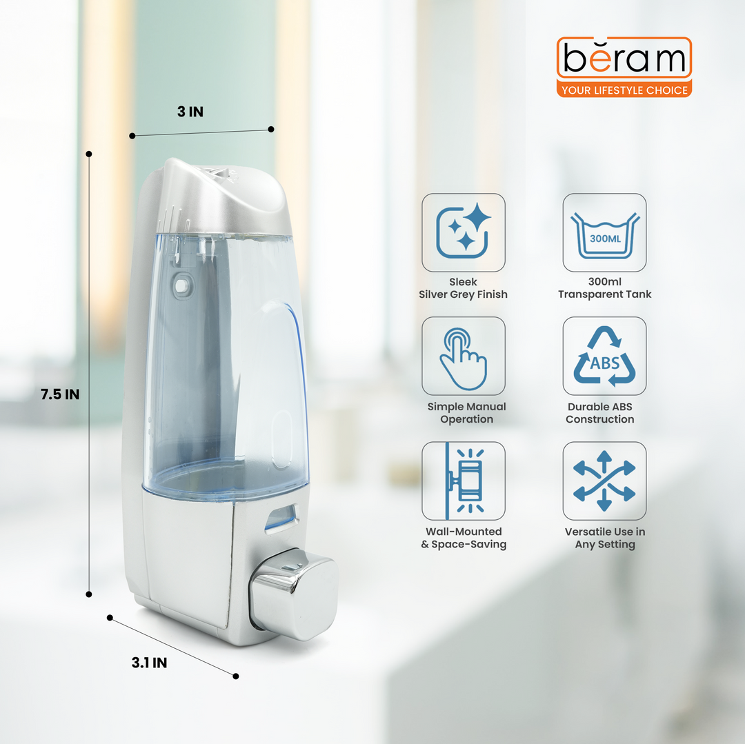BERAM Silver Grey Manual Soap Dispenser, 300 ml, Wall Mounted, Push Type soap Dispenser Bathroom & Kitchen Easy Refill Leak-Proof Design Perfect for Soap Shampoo Hand Sanitizer transparent Tank