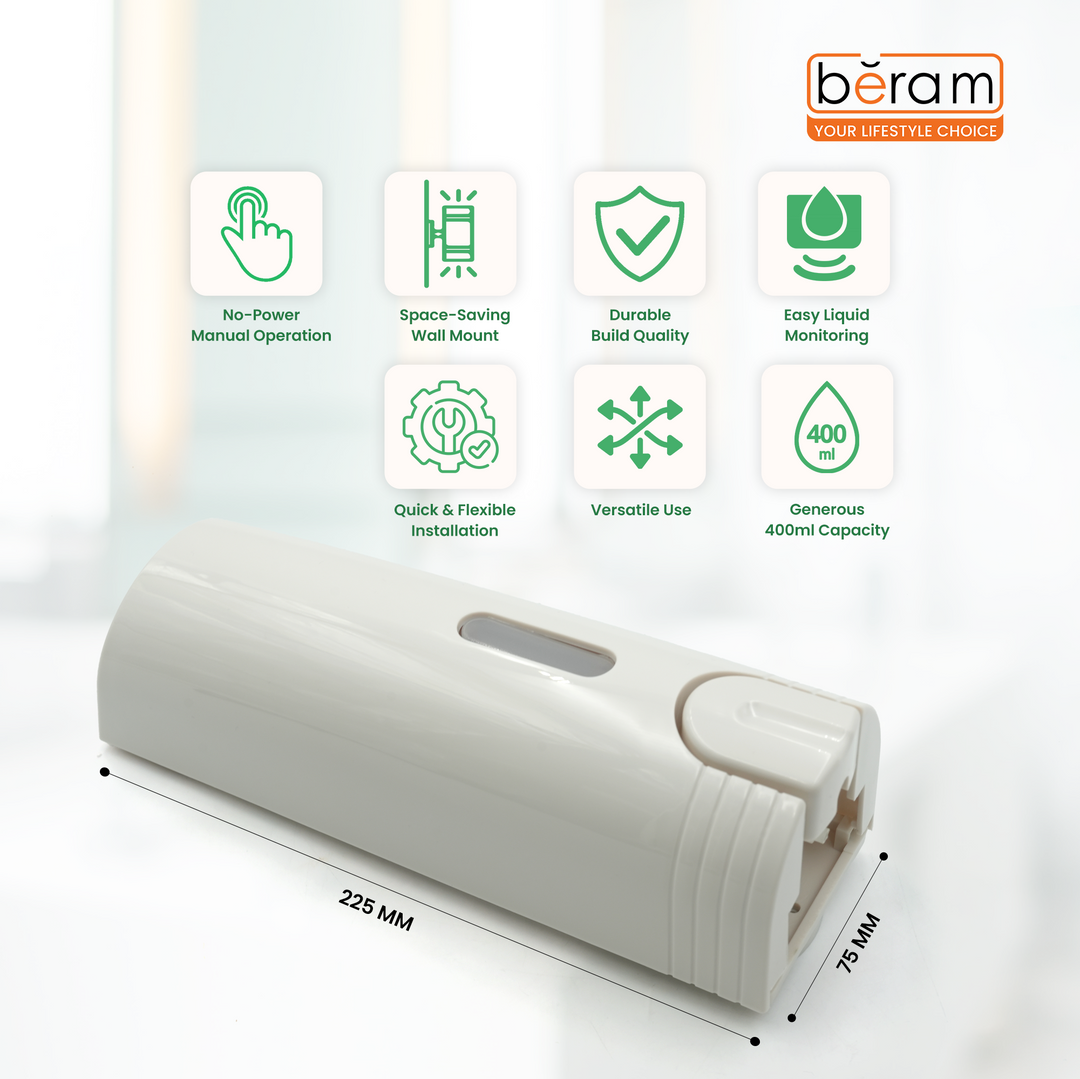 BERAM 400 ml Wall‑Mounted Manual Soap Dispenser, Push Type soap Dispenser for Bathroom, Kitchen & Hotel, Chrome ABS Liquid Hand Soap, Shampoo, Sanitizer Holder, Refillable Single Chamber-White