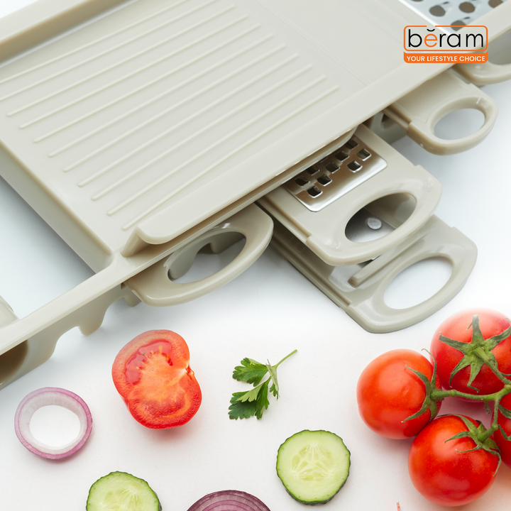 7-in-1 Multi-Purpose Grater & Slicer Set with 5 Stainless Steel Blades, Vegetable Cutter, Julienne Peeler, Cheese Shredder & Zester, BPA-Free, Dishwasher Safe, Food Prep Tool-Beige