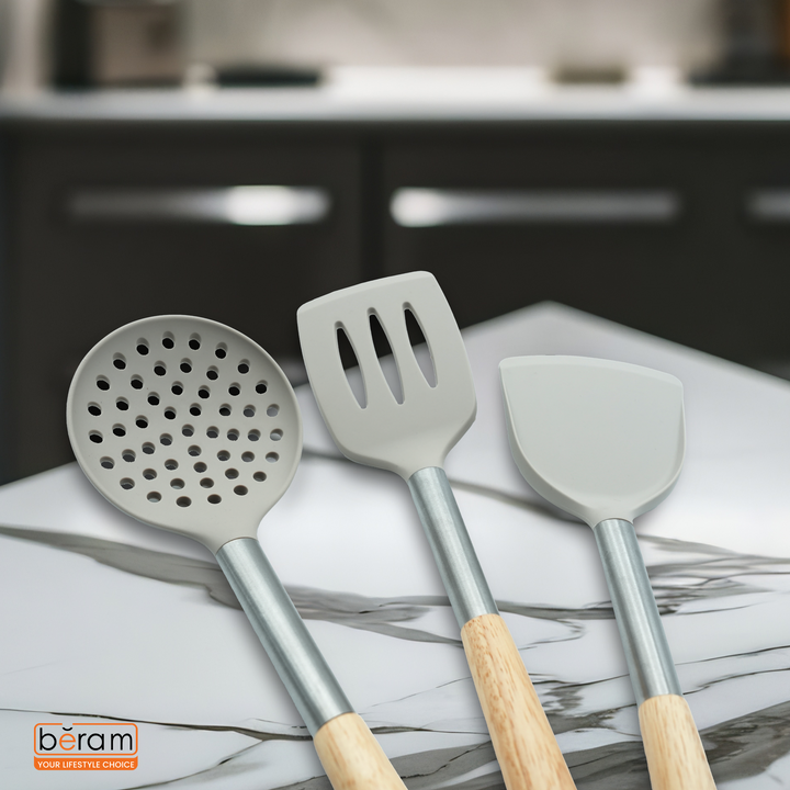 Beram 9Pcs Silicone Kitchen Utensil Set Heat-Resistant Cooking Tools with Stainless Steel & Wooden Handles BPA-Free, Non-Stick Safe for cooking baking & more.(BEIGE) (Set of 9)