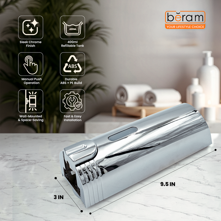 BERAM 400 ml Wall‑Mounted Manual Soap Dispenser Push Type soap Dispenser for Bathroom Kitchen & Hotel Chrome ABS Liquid Hand Soap Shampoo Sanitizer Holder Refillable Single Chamber-Chrome Silver