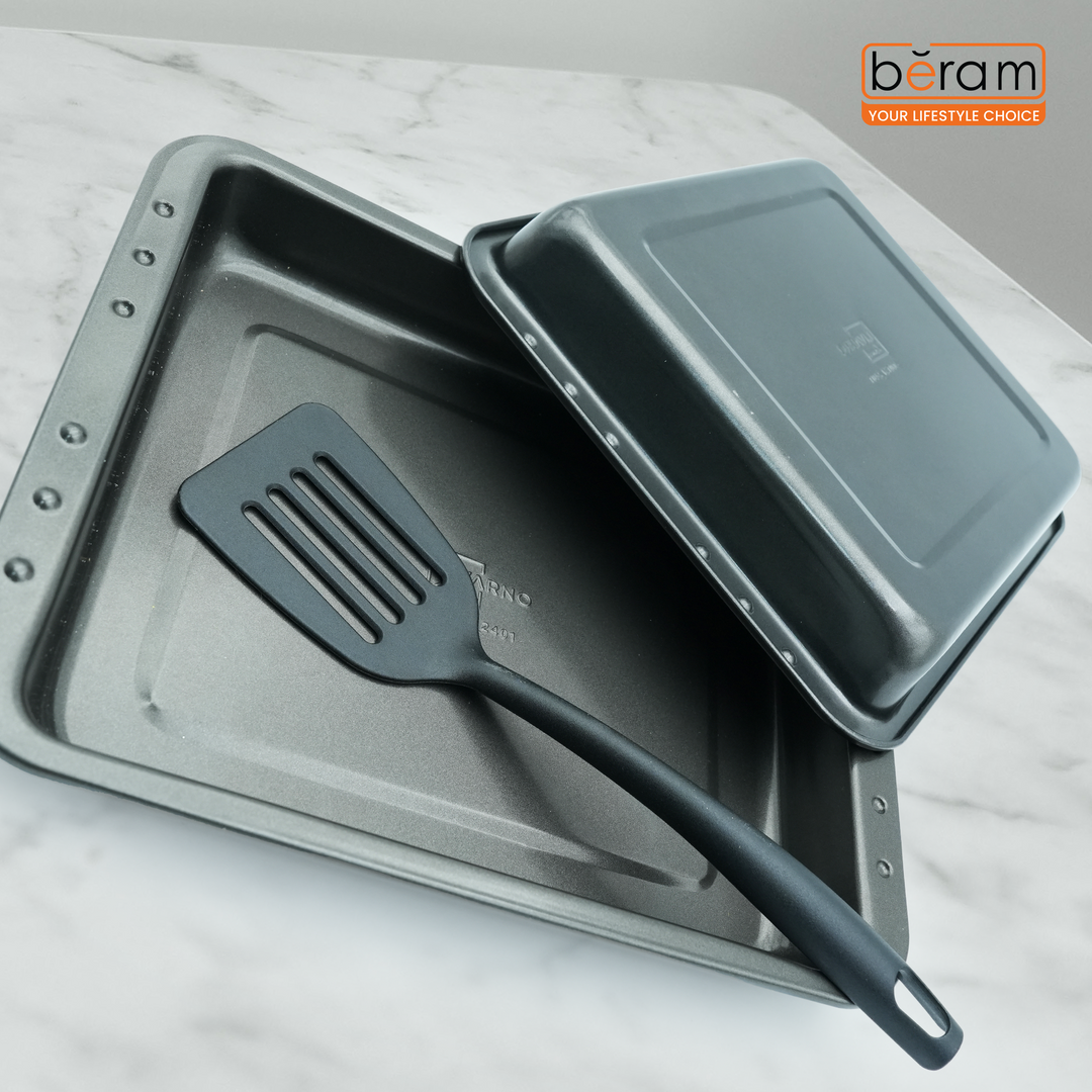 3-Piece Square Non-Stick Roasting Tray Set with Coating, Oven Bakeware Tray with Lid and Spatula, Steel Baking Dish for Roasting, Lasagna, Vegetables, Chicken –36 × 29 × 5.5 cm