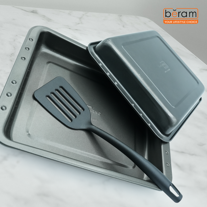 3-Piece Square Non-Stick Roasting Tray Set with Coating, Oven Bakeware Tray with Lid and Spatula, Steel Baking Dish for Roasting, Lasagna, Vegetables, Chicken –36 × 29 × 5.5 cm