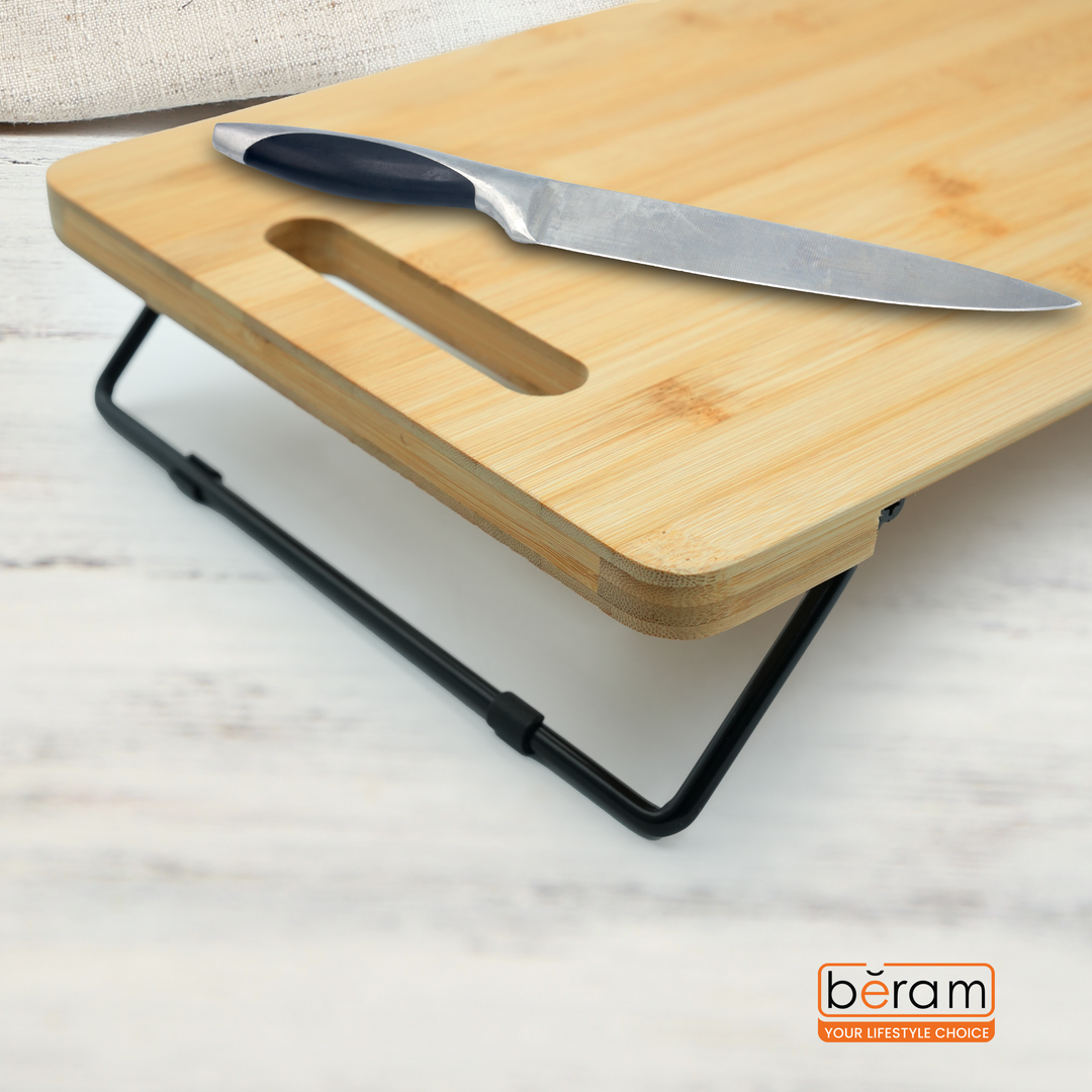 Bamboo Serving Tray with Foldable Legs, Large Charcuterie Board & Breakfast Bed Tray, 100% Natural Eco-Friendly Bamboo, Cheese Platter with Handles, 45.5 × 23.5 × 7 cm