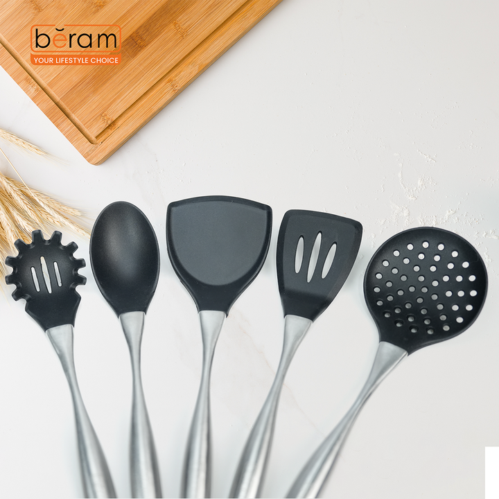Beram 6 Pcs Black Silicon Spatula Set With Stainless Steel Curvy Handles & Stand Heat Resistant,Shovel,Spoon,Skimmer,Slotted Turner,Soup Ladle and Pasta Server
