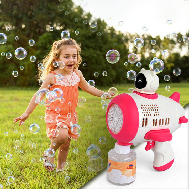 Aircraft Bubble Gun Toy with LED Light & Electric Blower – Space-Themed Bubble Blaster for Kids, Includes Bubble Solution – Easy-to-Hold Design, Rich Blustering Action – Fun Outdoor & Indoor Play – Reassuring Material – Ages 3+