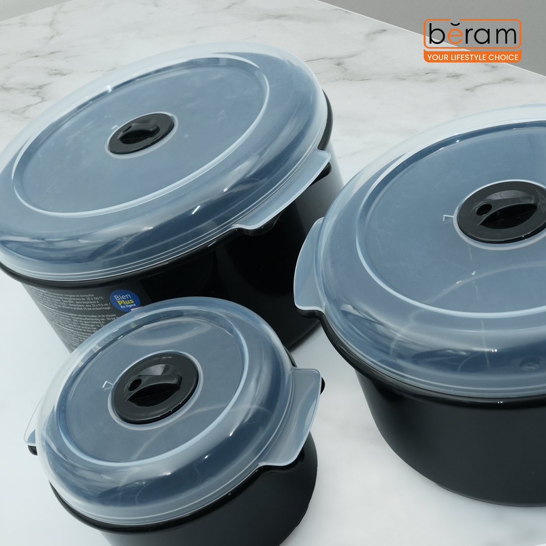Beram 3-Piece Black & Grey BPA-Free Microwave Safe Food Storage Container Set with Vented Lids, Reusable Plastic Lunch Boxes for Meal Prep, Freezer & Dishwasher Safe, Stackable Containers (2.8L, 1.55L, 0.55L)