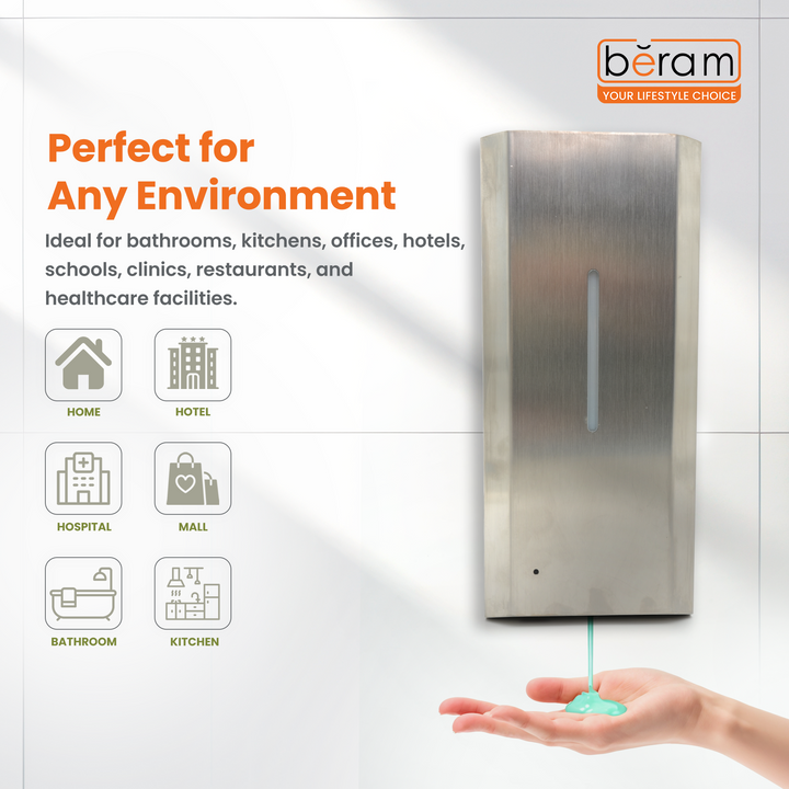 Beram 1000ML Automatic Soap Dispenser Wall Mounted Stainless Steel Touchless Hand Sanitizer & Liquid Soap Dispenser Battery Operated Refillable Commercial Dispenser for Bathroom Kitchen Office