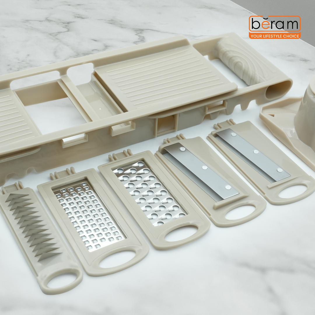 7-in-1 Multi-Purpose Grater & Slicer Set with 5 Stainless Steel Blades, Vegetable Cutter, Julienne Peeler, Cheese Shredder & Zester, BPA-Free, Dishwasher Safe, Food Prep Tool-Beige