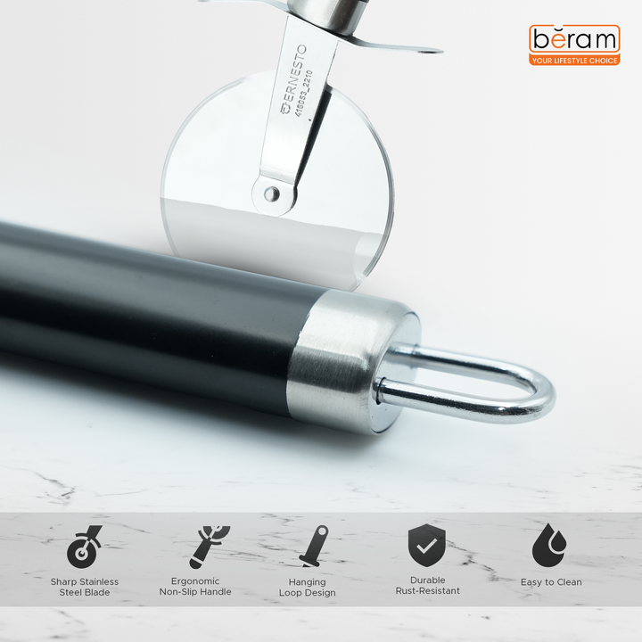 Beram Stainless Steel Pizza Cutter Wheel Durable & Sharp Blade with Ergonomic Handle Easy to Use Dishwasher Safe Pizza Slicer for Thin Crust Thick Crust Pastry and Flatbreads (Black)