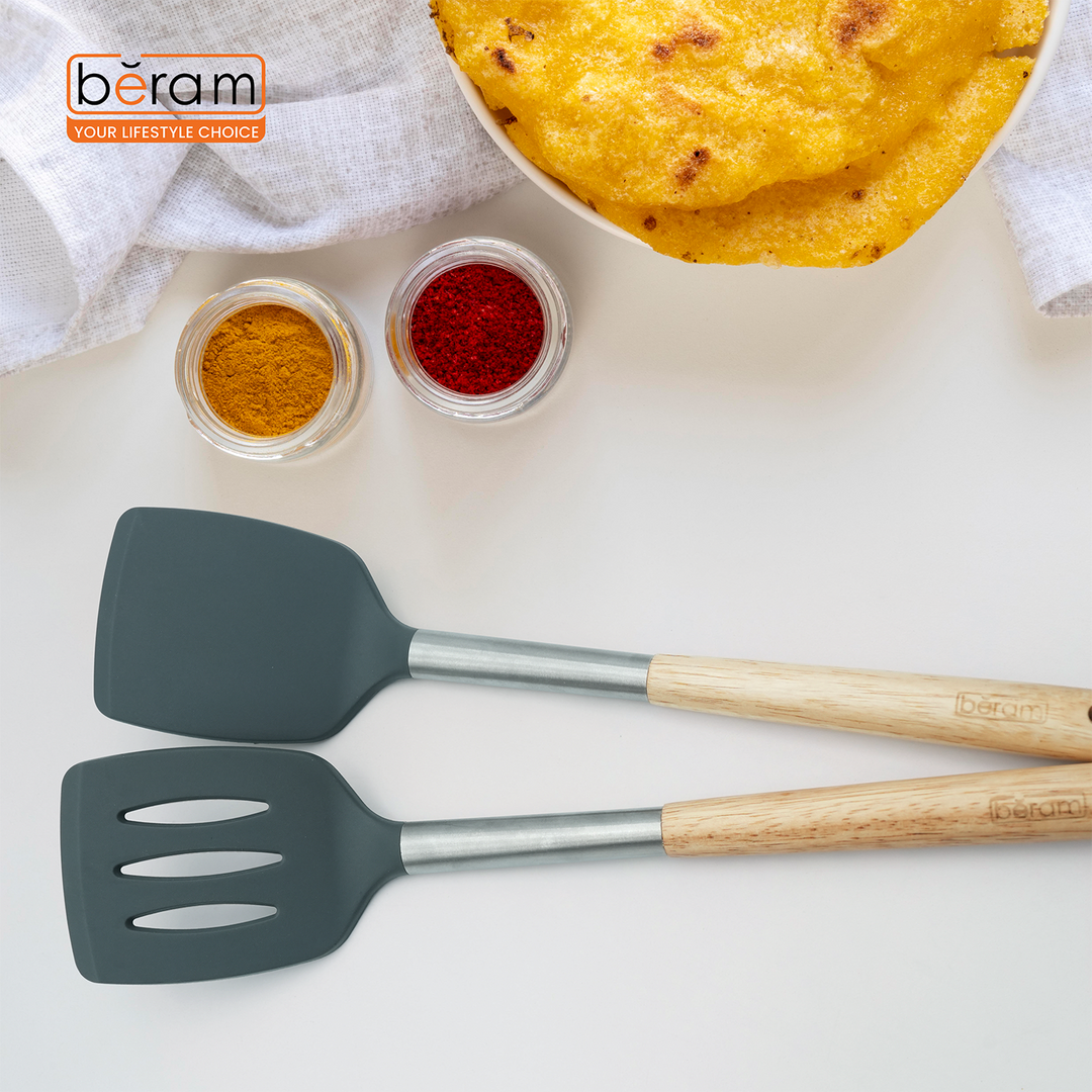 Beram 8Pcs Silicone Spatula Set with Wooden & Steel Handles, Heat-Resistant, BPA-Free, Non-Stick Safe Includes Serving Spoon, Turner, Ladle, Skimmer, Pasta Server Grey (8 Pcs Set)
