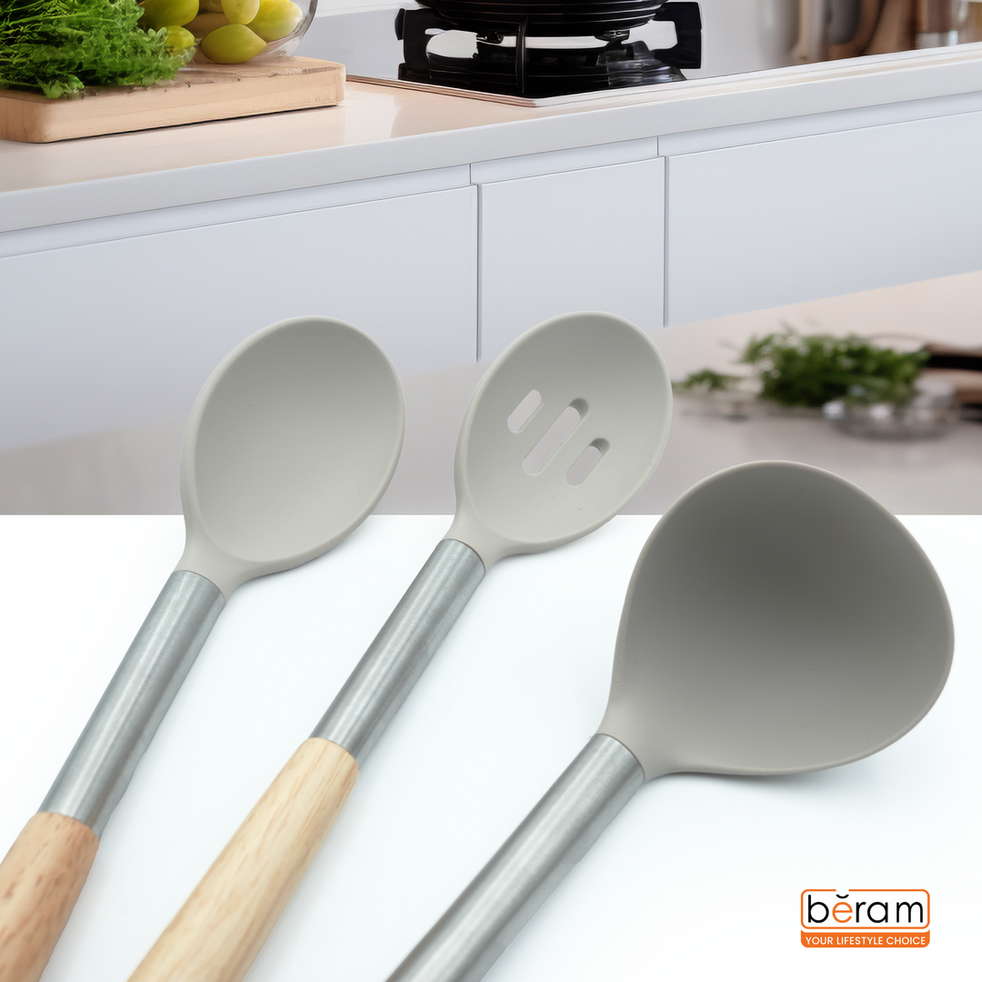 Beram 9Pcs Silicone Kitchen Utensil Set Heat-Resistant Cooking Tools with Stainless Steel & Wooden Handles BPA-Free, Non-Stick Safe for cooking baking & more.(BEIGE) (Set of 9)