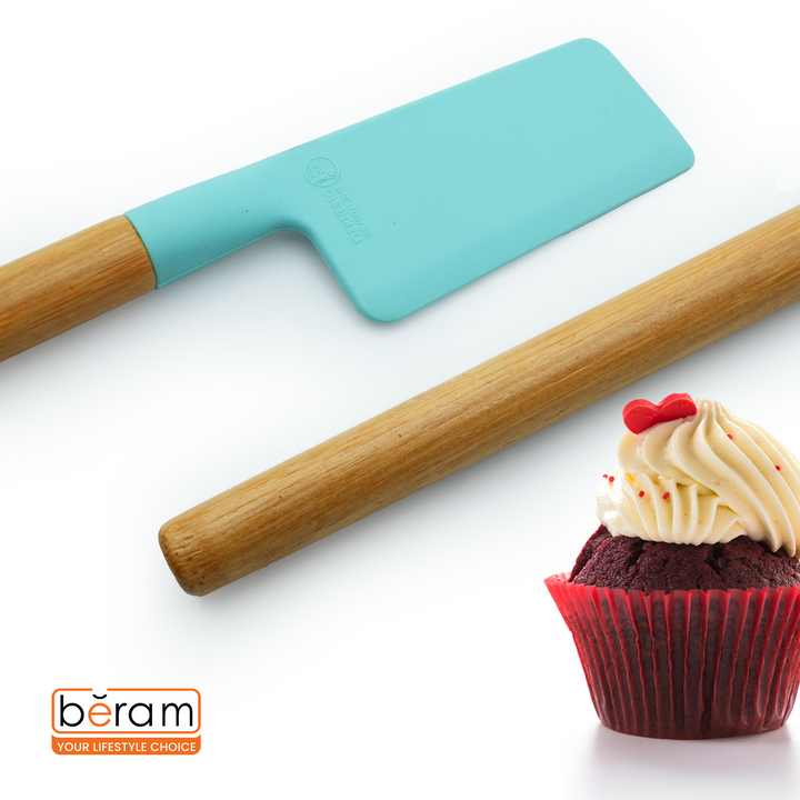 Beram Silicone Spatula with Natural Bamboo Wooden Handle Heat Resistant up to 200°C Non-Scratch BPA-Free Kitchen Utensil Easy to Clean Cooking Mixing Baking Tool for Non-Stick Cookware (Mint Green)