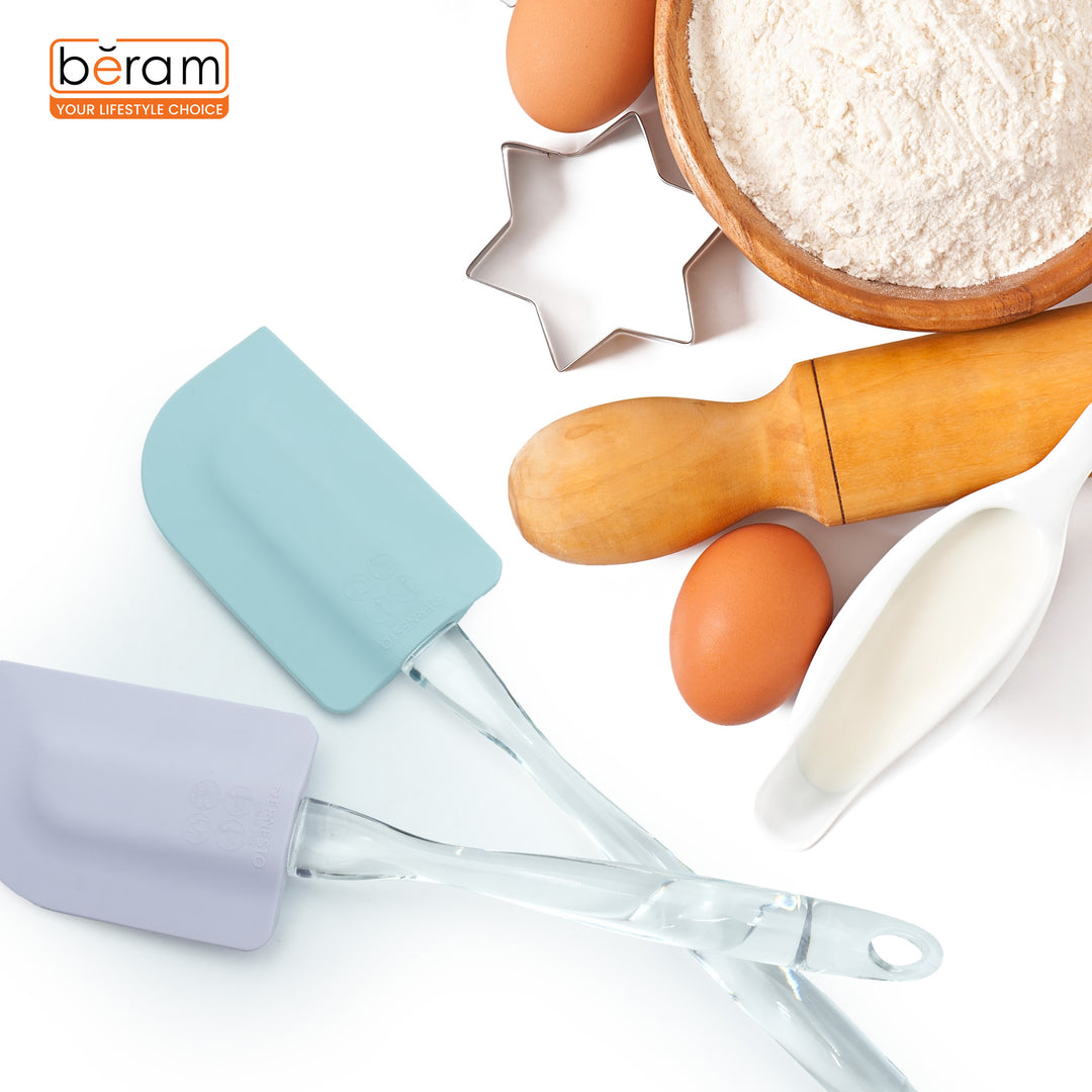 Beram Silicone Spatulas Set of 2 – Heat-Resistant Platinum Silicone Heads Clear Ergonomic Handles Dishwasher Safe BPA-Free Ideal for Baking Cooking & Mixing