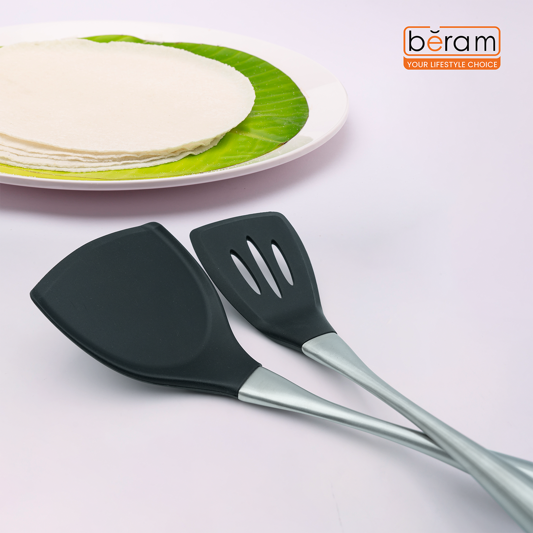 Beram 6 Pcs Black Silicon Spatula Set With Stainless Steel Curvy Handles & Stand Heat Resistant,Shovel,Spoon,Skimmer,Slotted Turner,Soup Ladle and Pasta Server