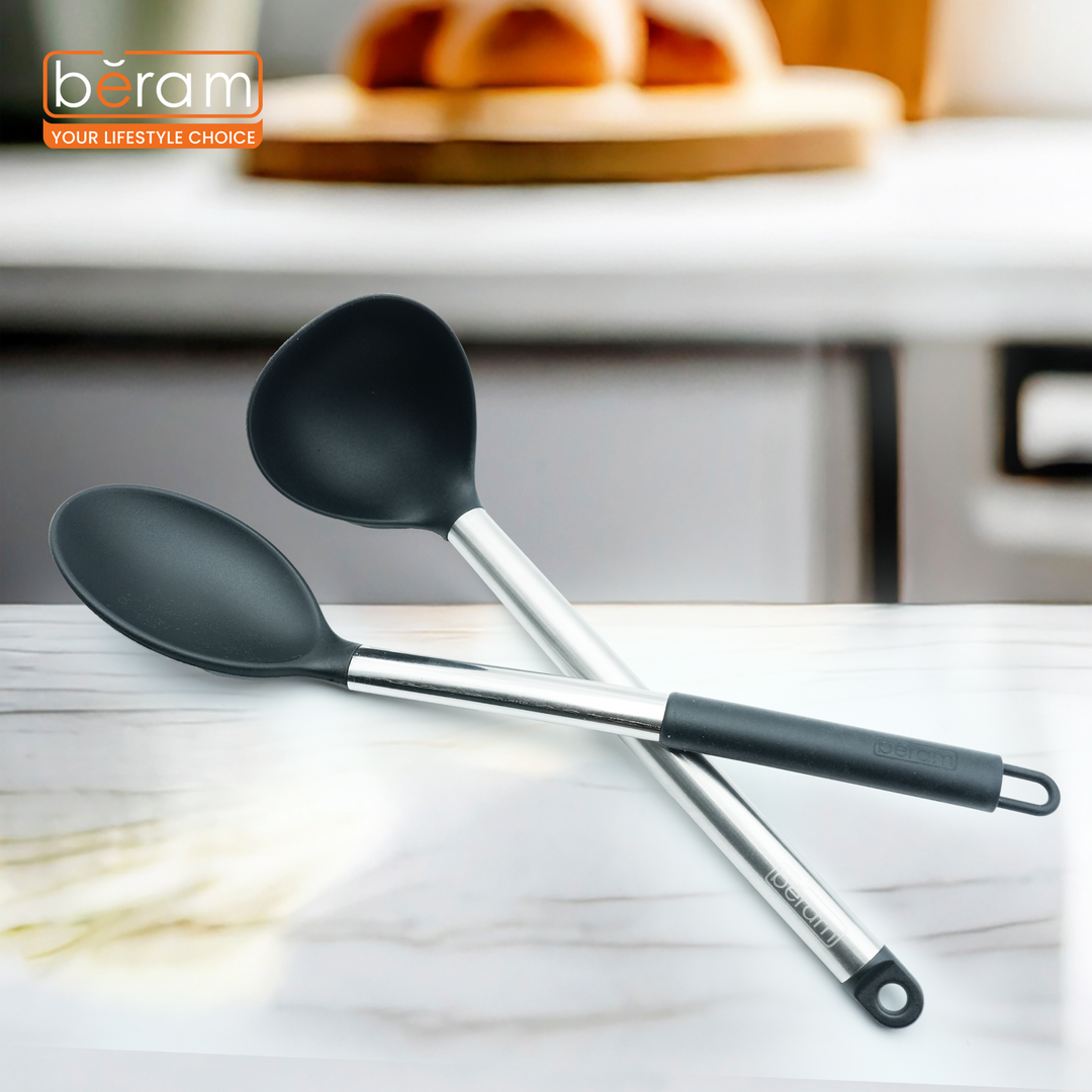 Beram 6Pcs Silicone with Stainless Steel Utensil Set Non-Stick Safe,Heat Resistant,BPA-Free –Slotted Turner, Scraper, Skimmer, Pasta Server, Soup Ladle & Serving Spoon (Black) (Set of 6)