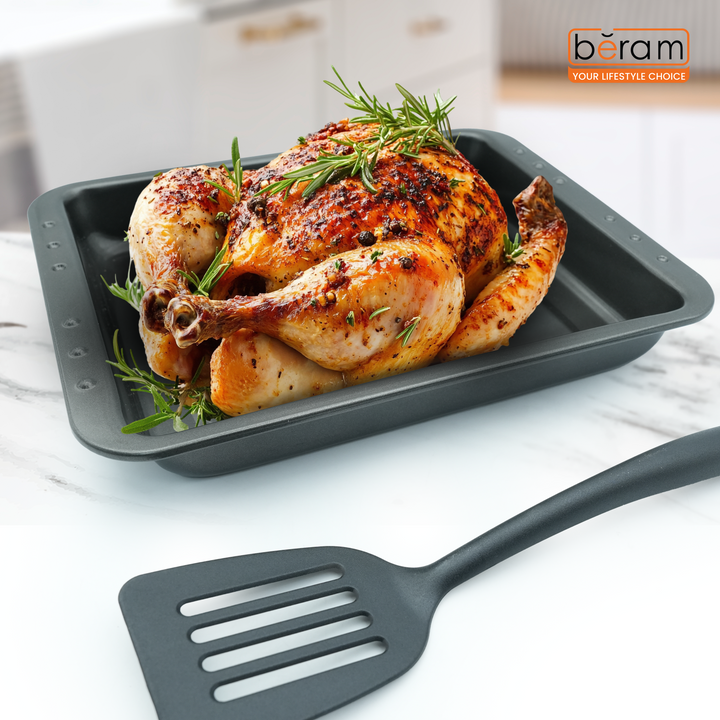 3-Piece Square Non-Stick Roasting Tray Set with Coating, Oven Bakeware Tray with Lid and Spatula, Steel Baking Dish for Roasting, Lasagna, Vegetables, Chicken –36 × 29 × 5.5 cm