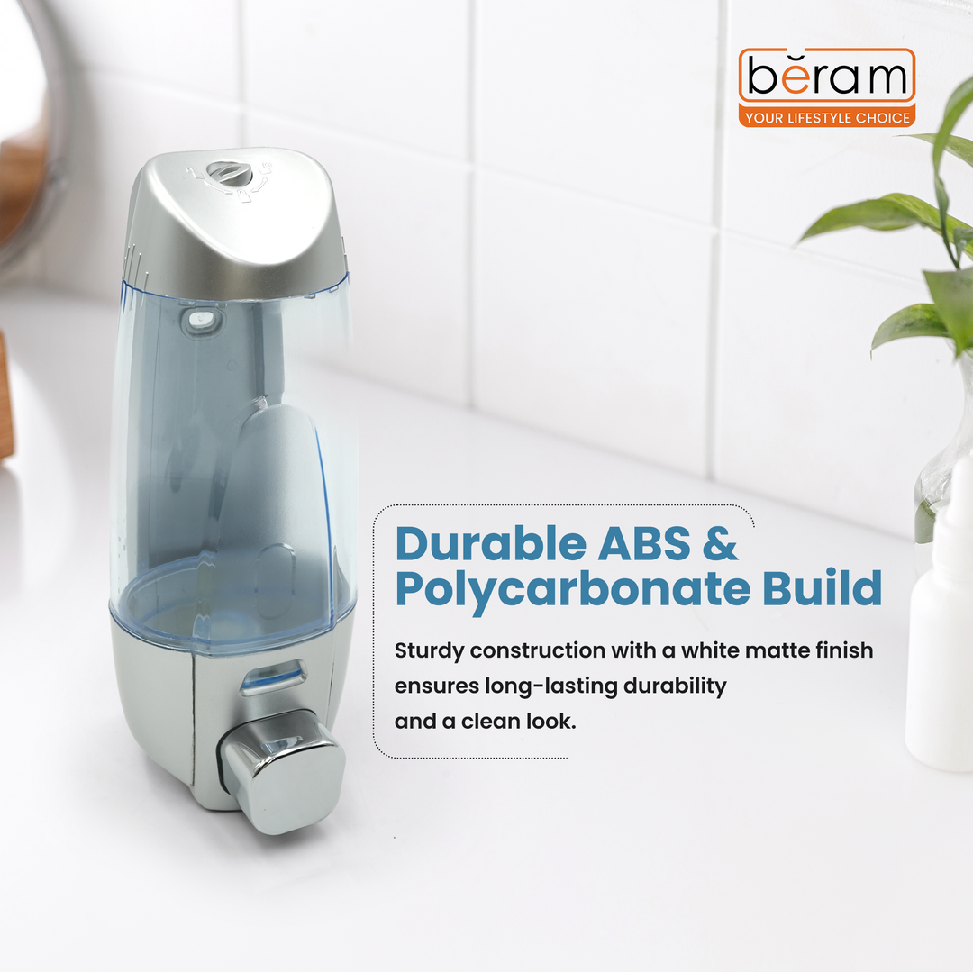 BERAM Silver Grey Manual Soap Dispenser, 300 ml, Wall Mounted, Push Type soap Dispenser Bathroom & Kitchen Easy Refill Leak-Proof Design Perfect for Soap Shampoo Hand Sanitizer transparent Tank