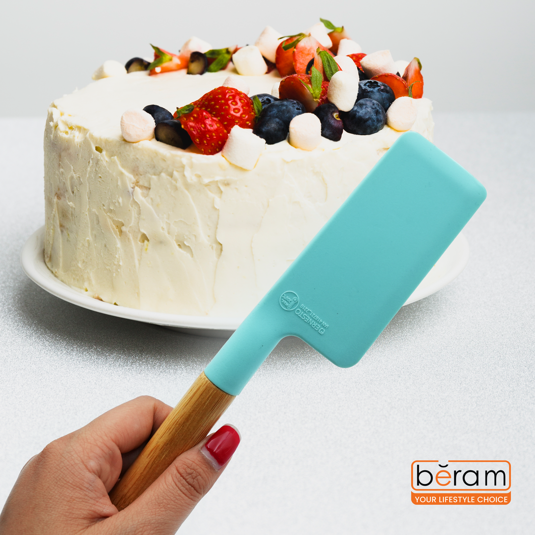 Beram Silicone Spatula with Natural Bamboo Wooden Handle Heat Resistant up to 200°C Non-Scratch BPA-Free Kitchen Utensil Easy to Clean Cooking Mixing Baking Tool for Non-Stick Cookware (Mint Green)