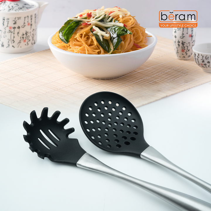 Beram 6 Pcs Black Silicon Spatula Set With Stainless Steel Curvy Handles & Stand Heat Resistant,Shovel,Spoon,Skimmer,Slotted Turner,Soup Ladle and Pasta Server