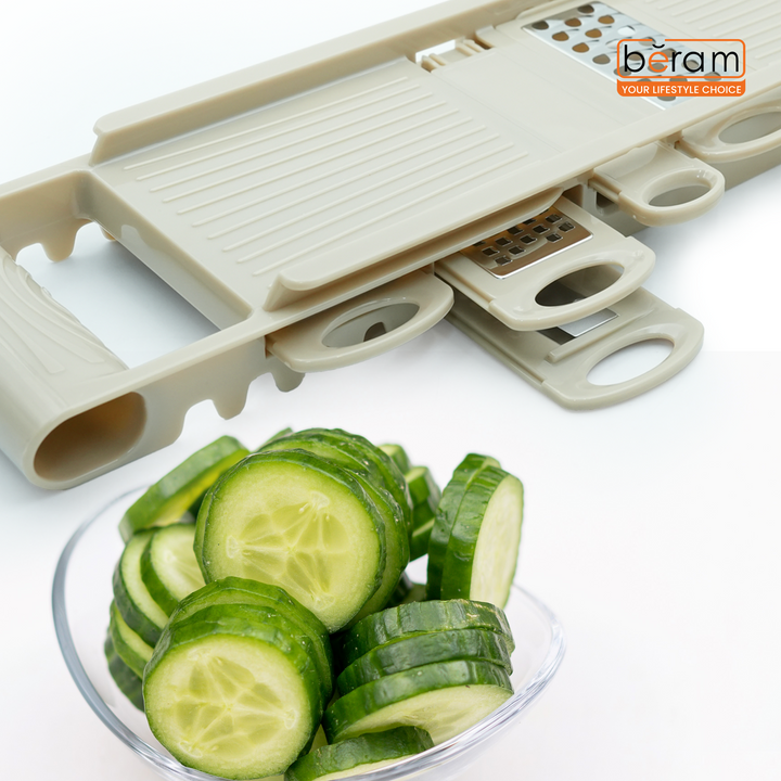 7-in-1 Multi-Purpose Grater & Slicer Set with 5 Stainless Steel Blades, Vegetable Cutter, Julienne Peeler, Cheese Shredder & Zester, BPA-Free, Dishwasher Safe, Food Prep Tool-Beige