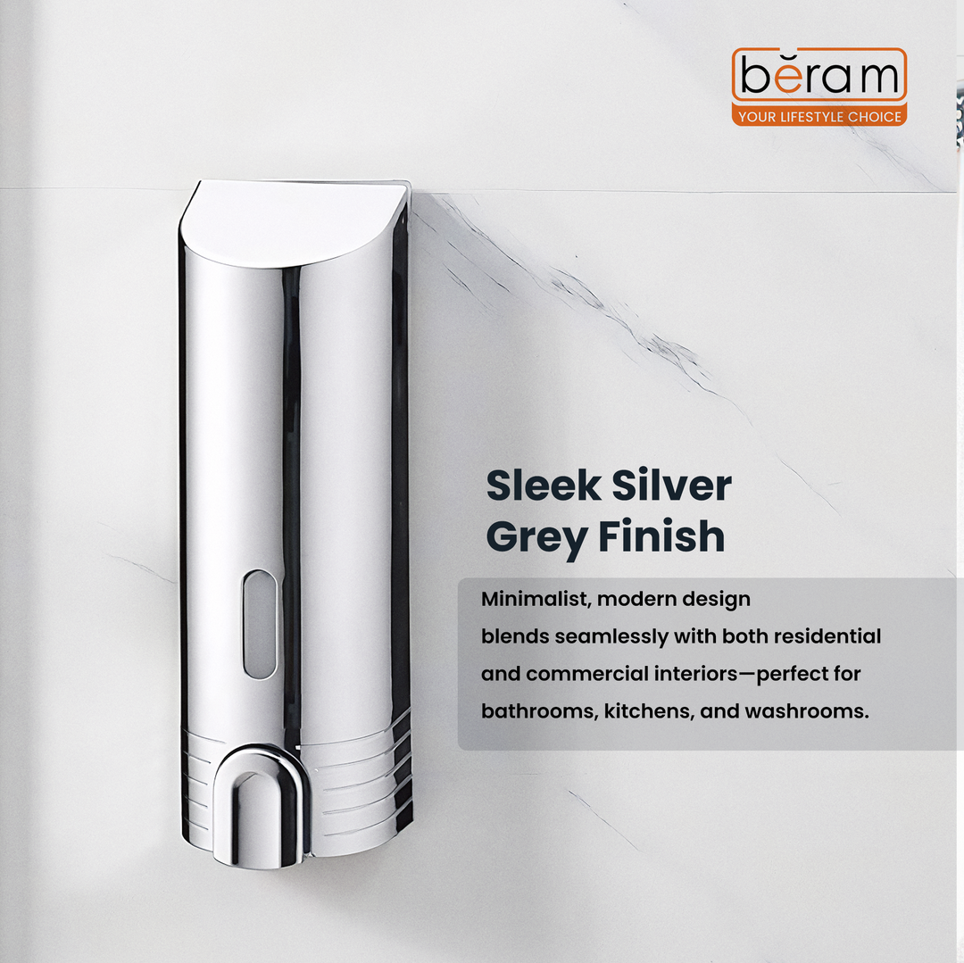 BERAM 400 ml Wall‑Mounted Manual Soap Dispenser Push Type soap Dispenser for Bathroom Kitchen & Hotel Chrome ABS Liquid Hand Soap Shampoo Sanitizer Holder Refillable Single Chamber-Chrome Silver