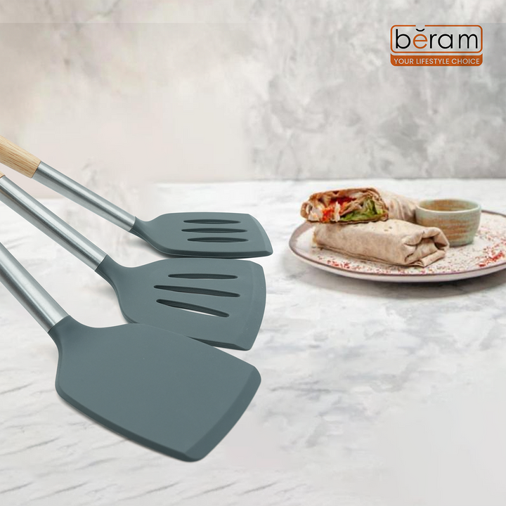 Beram 8Pcs Silicone Spatula Set with Wooden & Steel Handles, Heat-Resistant, BPA-Free, Non-Stick Safe Includes Serving Spoon, Turner, Ladle, Skimmer, Pasta Server Grey (8 Pcs Set)