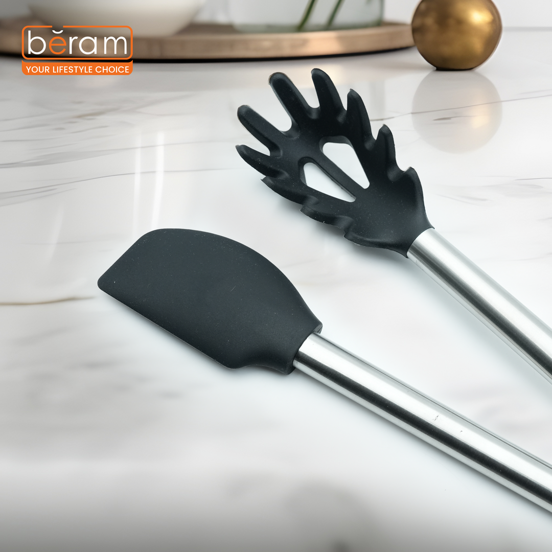 Beram 6Pcs Silicone with Stainless Steel Utensil Set Non-Stick Safe,Heat Resistant,BPA-Free –Slotted Turner, Scraper, Skimmer, Pasta Server, Soup Ladle & Serving Spoon (Black) (Set of 6)