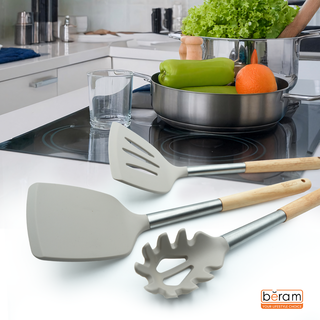Beram 9Pcs Silicone Kitchen Utensil Set Heat-Resistant Cooking Tools with Stainless Steel & Wooden Handles BPA-Free, Non-Stick Safe for cooking baking & more.(BEIGE) (Set of 9)