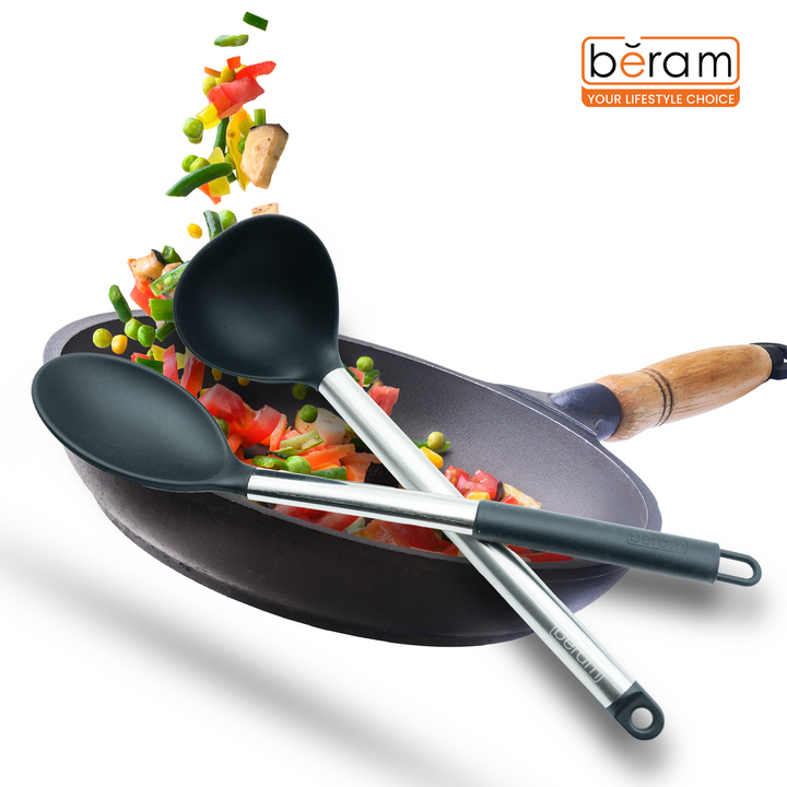 Beram 6Pcs Silicone with Stainless Steel Utensil Set Non-Stick Safe,Heat Resistant,BPA-Free –Slotted Turner, Scraper, Skimmer, Pasta Server, Soup Ladle & Serving Spoon (Black) (Set of 6)