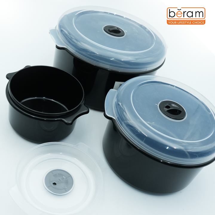 Beram 3-Piece Black & Grey BPA-Free Microwave Safe Food Storage Container Set with Vented Lids, Reusable Plastic Lunch Boxes for Meal Prep, Freezer & Dishwasher Safe, Stackable Containers (2.8L, 1.55L, 0.55L)