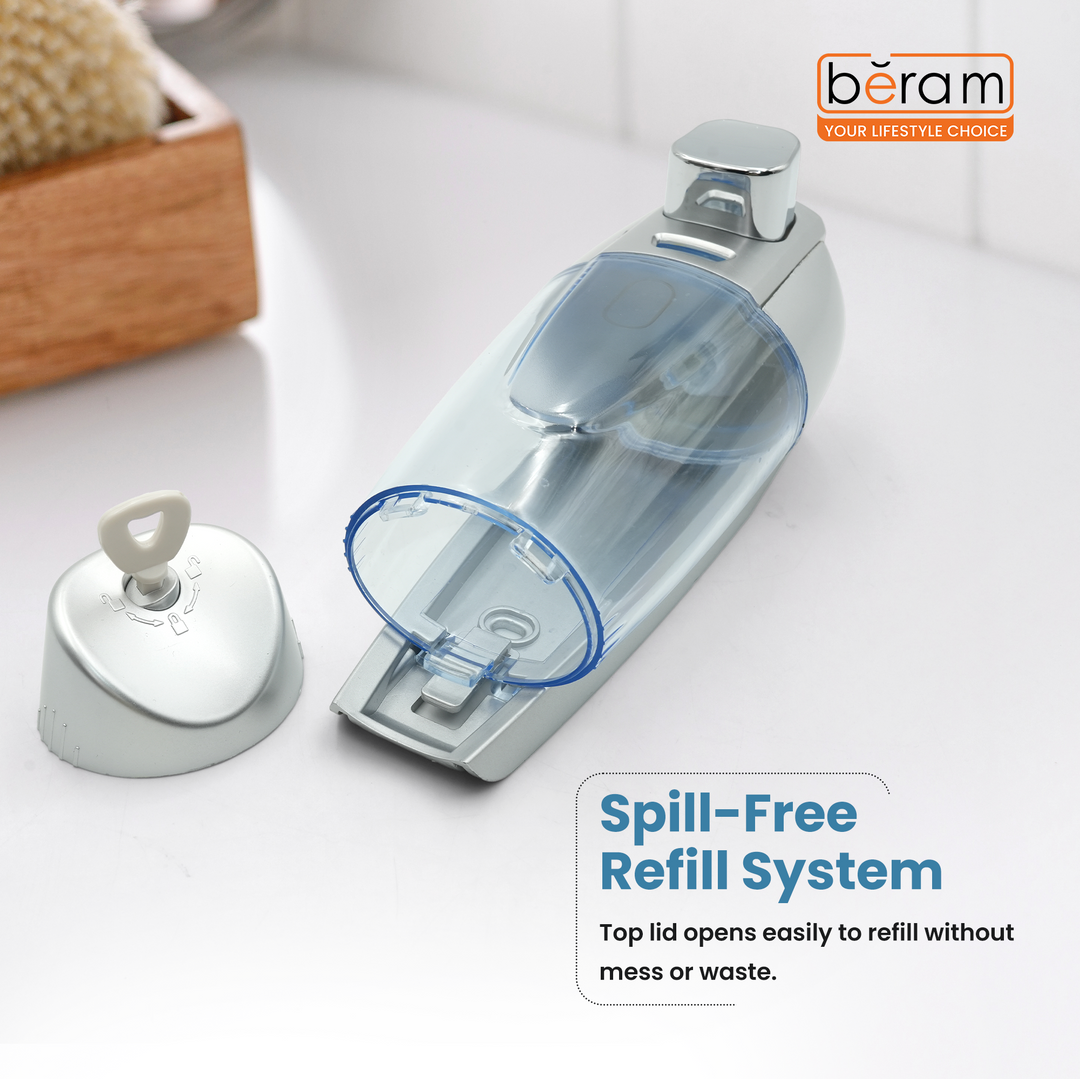BERAM Silver Grey Manual Soap Dispenser, 300 ml, Wall Mounted, Push Type soap Dispenser Bathroom & Kitchen Easy Refill Leak-Proof Design Perfect for Soap Shampoo Hand Sanitizer transparent Tank