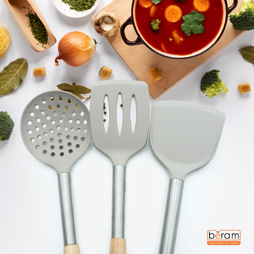 Beram 9Pcs Silicone Kitchen Utensil Set Heat-Resistant Cooking Tools with Stainless Steel & Wooden Handles BPA-Free, Non-Stick Safe for cooking baking & more.(BEIGE) (Set of 9)