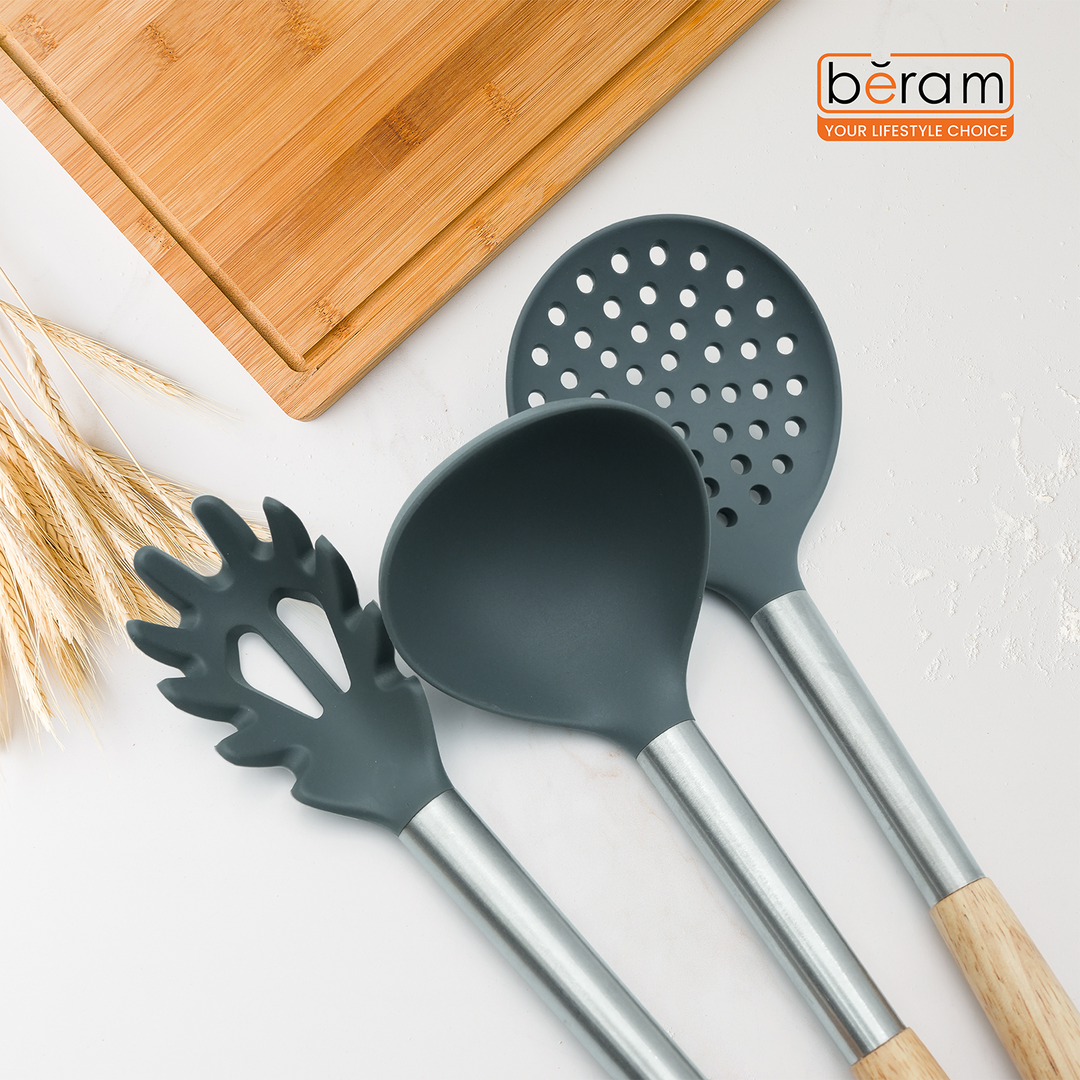 Beram 8Pcs Silicone Spatula Set with Wooden & Steel Handles, Heat-Resistant, BPA-Free, Non-Stick Safe Includes Serving Spoon, Turner, Ladle, Skimmer, Pasta Server Grey (8 Pcs Set)