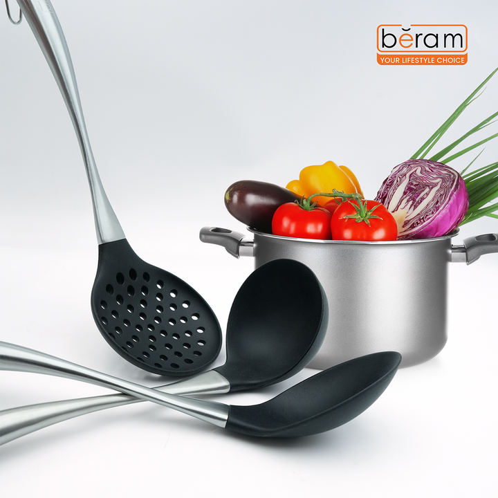 Beram 6 Pcs Black Silicon Spatula Set With Stainless Steel Curvy Handles & Stand Heat Resistant,Shovel,Spoon,Skimmer,Slotted Turner,Soup Ladle and Pasta Server