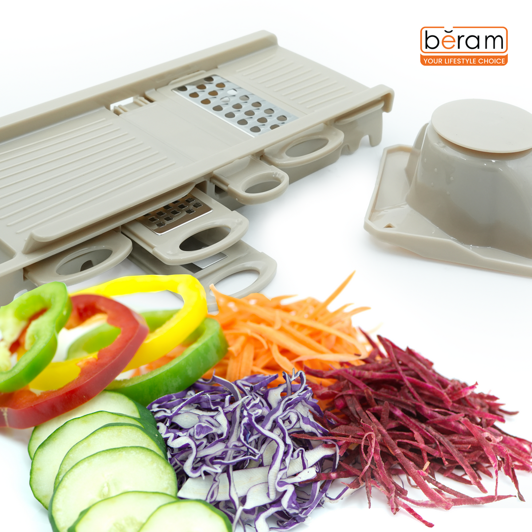 7-in-1 Multi-Purpose Grater & Slicer Set with 5 Stainless Steel Blades, Vegetable Cutter, Julienne Peeler, Cheese Shredder & Zester, BPA-Free, Dishwasher Safe, Food Prep Tool-Beige