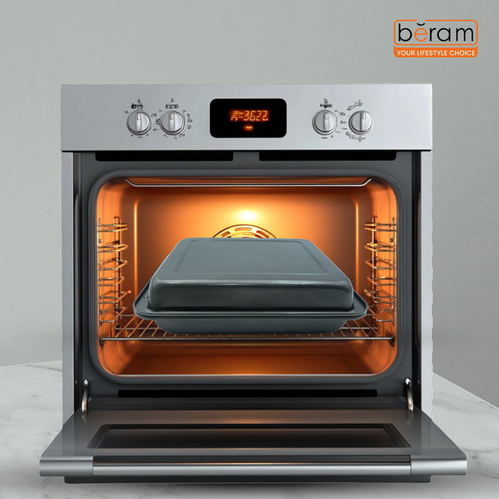 3-Piece Square Non-Stick Roasting Tray Set with Coating, Oven Bakeware Tray with Lid and Spatula, Steel Baking Dish for Roasting, Lasagna, Vegetables, Chicken –36 × 29 × 5.5 cm