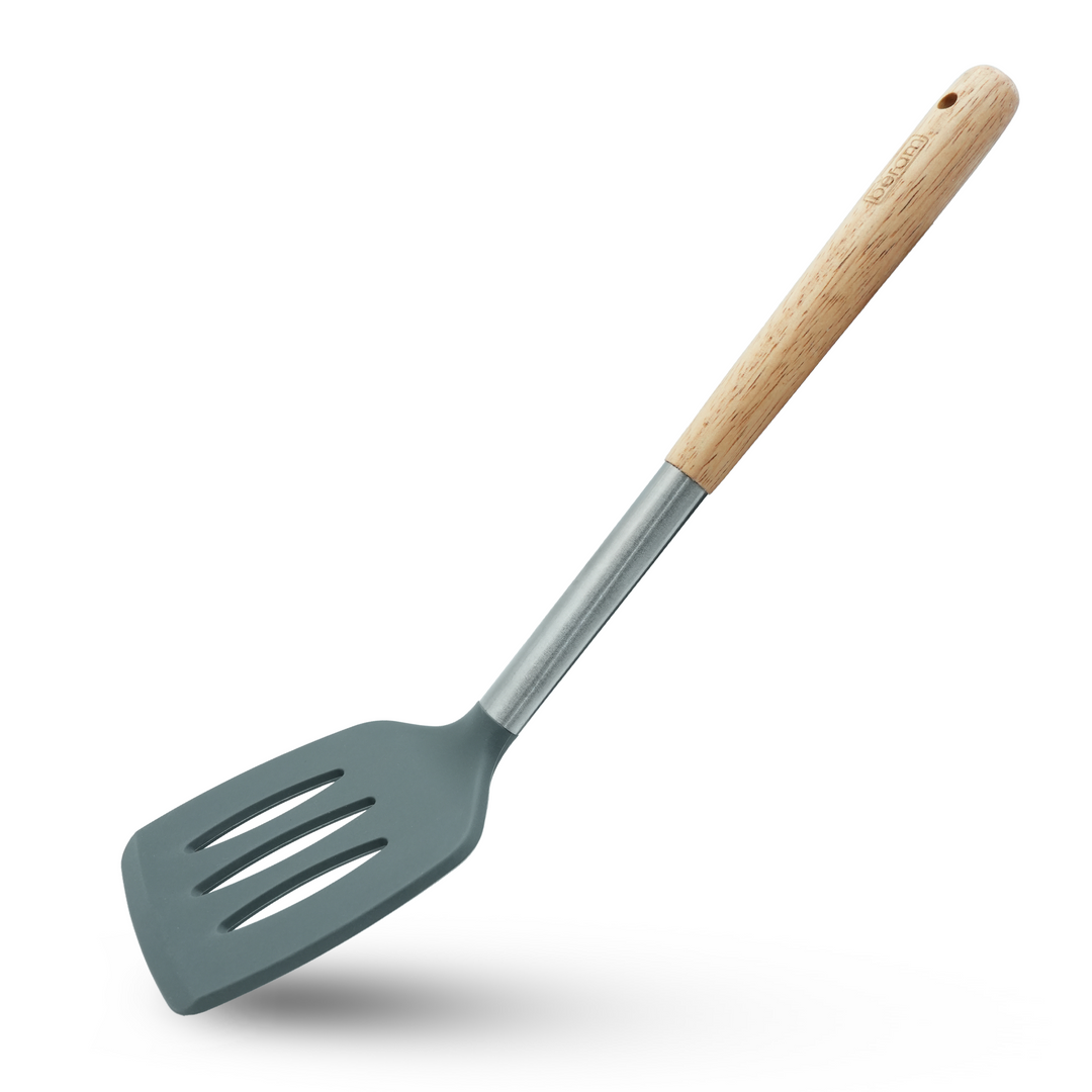 Beram 8Pcs Silicone Spatula Set with Wooden & Steel Handles, Heat-Resistant, BPA-Free, Non-Stick Safe Includes Serving Spoon, Turner, Ladle, Skimmer, Pasta Server Grey (8 Pcs Set)