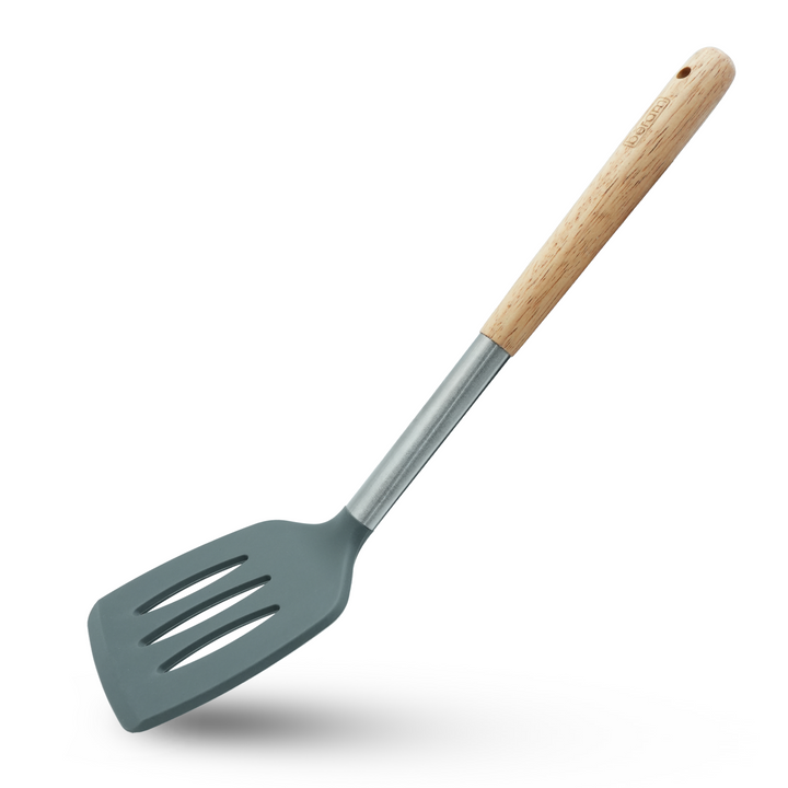 Beram 8Pcs Silicone Spatula Set with Wooden & Steel Handles, Heat-Resistant, BPA-Free, Non-Stick Safe Includes Serving Spoon, Turner, Ladle, Skimmer, Pasta Server Grey (8 Pcs Set)