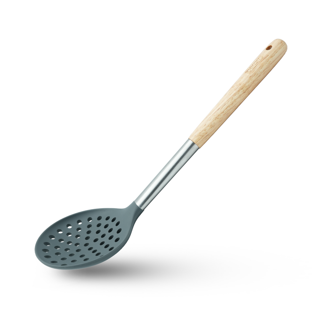 Beram 8Pcs Silicone Spatula Set with Wooden & Steel Handles, Heat-Resistant, BPA-Free, Non-Stick Safe Includes Serving Spoon, Turner, Ladle, Skimmer, Pasta Server Grey (8 Pcs Set)