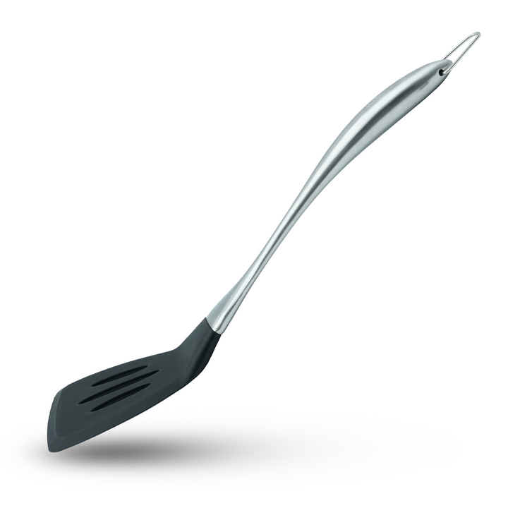 Beram 6 Pcs Black Silicon Spatula Set With Stainless Steel Curvy Handles & Stand Heat Resistant,Shovel,Spoon,Skimmer,Slotted Turner,Soup Ladle and Pasta Server