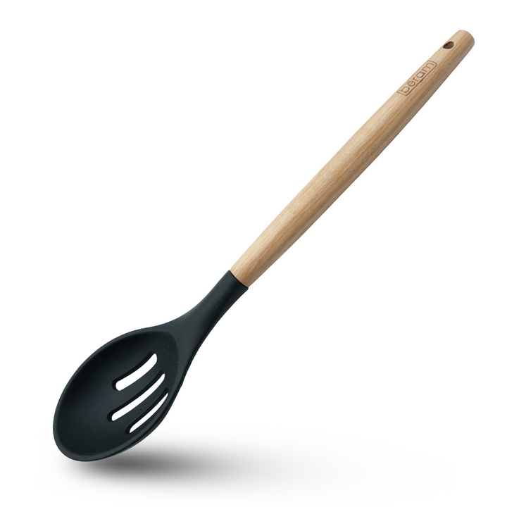 Beram 11Pcs Silicone Cooking Utensil Set with Wooden Handles Heat Resistant BPA Free Non-Stick Kitchen Tools for Cooking Baking Mixing Stirring Serving Frying Grilling – Black (11Pcs Set)