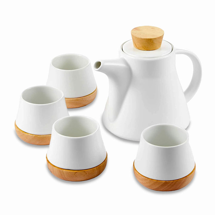 Ceramic Tea Set with Wooden Coasters White