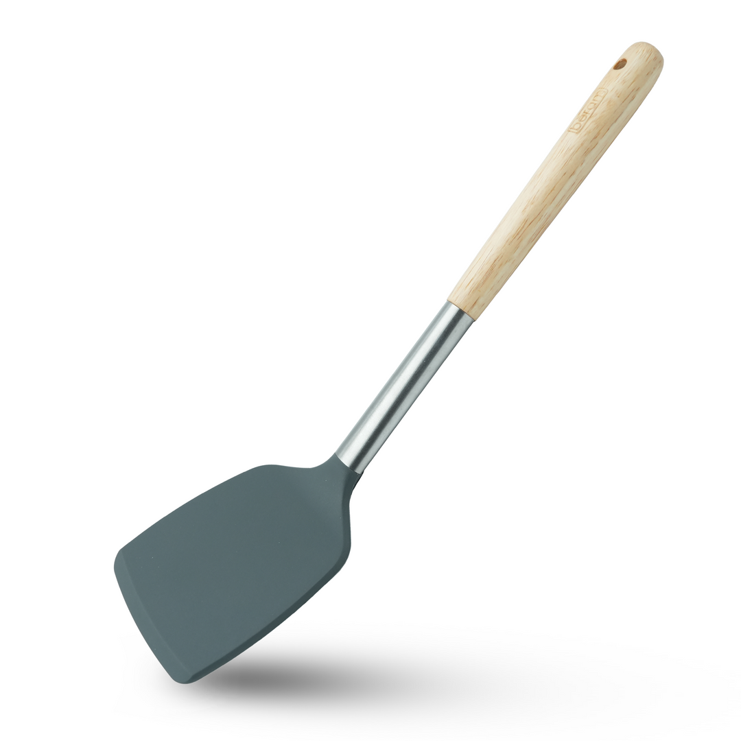 Beram 8Pcs Silicone Spatula Set with Wooden & Steel Handles, Heat-Resistant, BPA-Free, Non-Stick Safe Includes Serving Spoon, Turner, Ladle, Skimmer, Pasta Server Grey (8 Pcs Set)