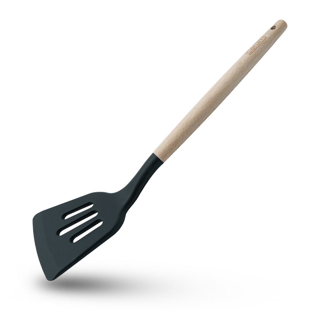 Beram 11Pcs Silicone Cooking Utensil Set with Wooden Handles Heat Resistant BPA Free Non-Stick Kitchen Tools for Cooking Baking Mixing Stirring Serving Frying Grilling – Black (11Pcs Set)