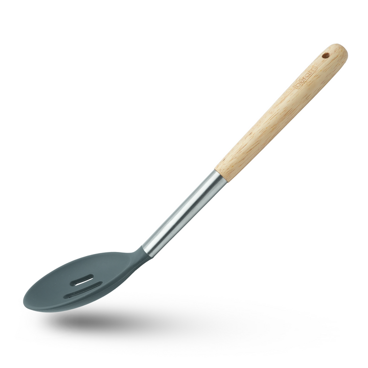 Beram 8Pcs Silicone Spatula Set with Wooden & Steel Handles, Heat-Resistant, BPA-Free, Non-Stick Safe Includes Serving Spoon, Turner, Ladle, Skimmer, Pasta Server Grey (8 Pcs Set)