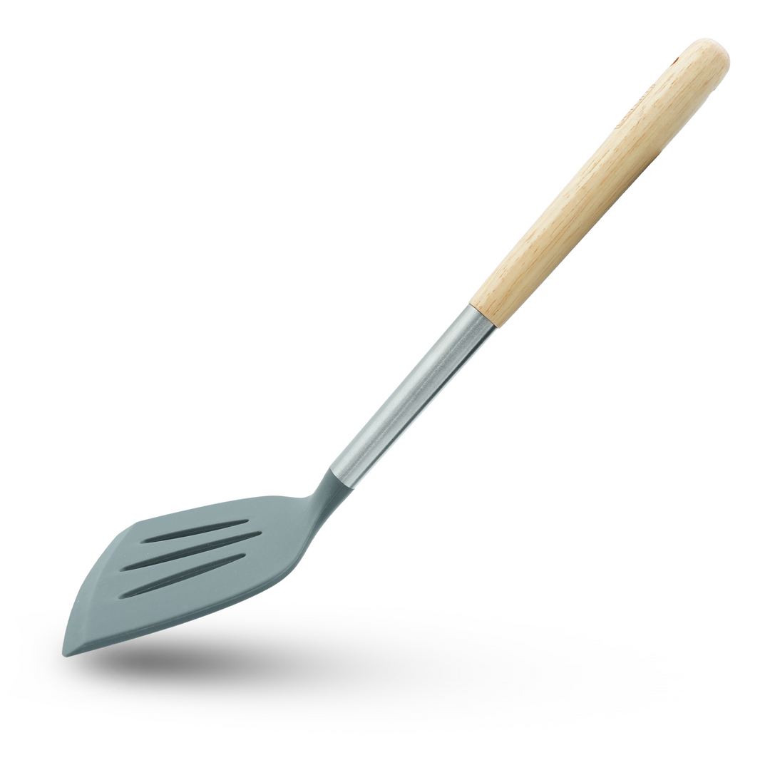 Beram 8Pcs Silicone Spatula Set with Wooden & Steel Handles, Heat-Resistant, BPA-Free, Non-Stick Safe Includes Serving Spoon, Turner, Ladle, Skimmer, Pasta Server Grey (8 Pcs Set)