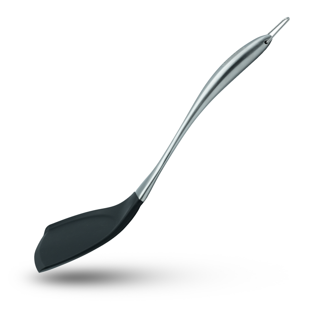 Beram 6 Pcs Black Silicon Spatula Set With Stainless Steel Curvy Handles & Stand Heat Resistant,Shovel,Spoon,Skimmer,Slotted Turner,Soup Ladle and Pasta Server