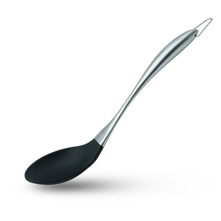 Beram 6 Pcs Black Silicon Spatula Set With Stainless Steel Curvy Handles & Stand Heat Resistant,Shovel,Spoon,Skimmer,Slotted Turner,Soup Ladle and Pasta Server